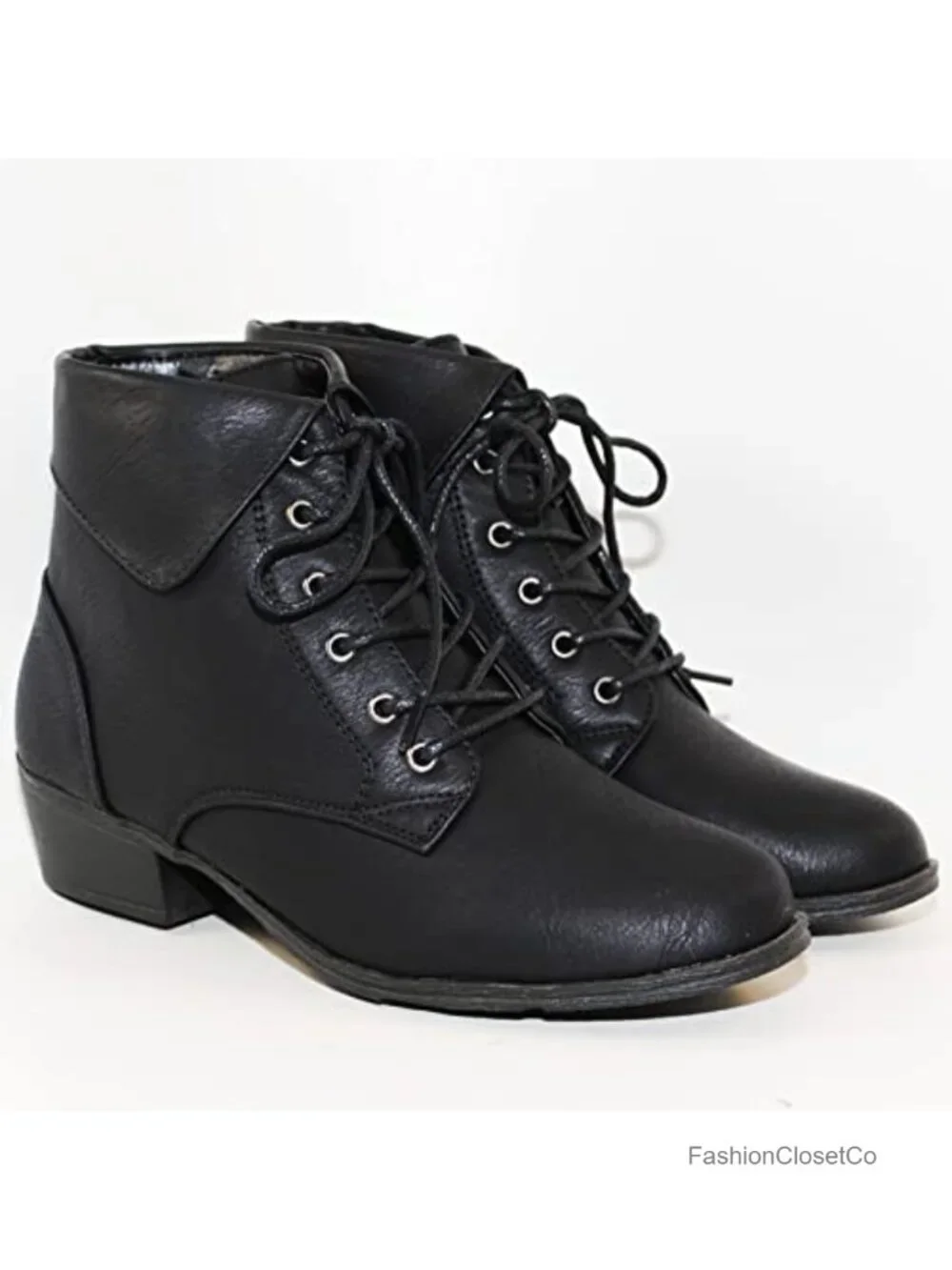 Foldover Lace Up Low Chunky Heel Ankle Booties